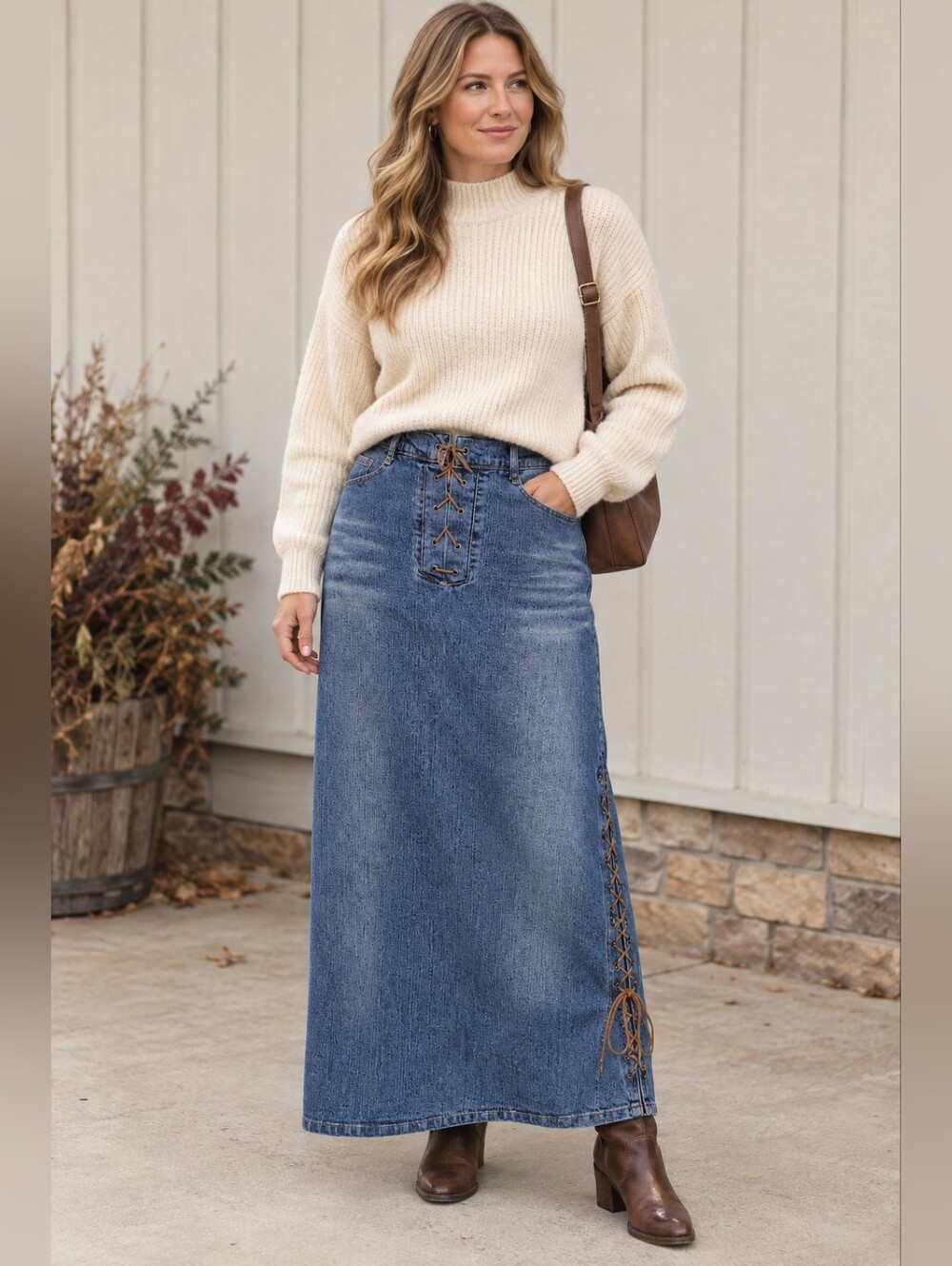 Y2k Lace-Up Denim Maxi Skirt